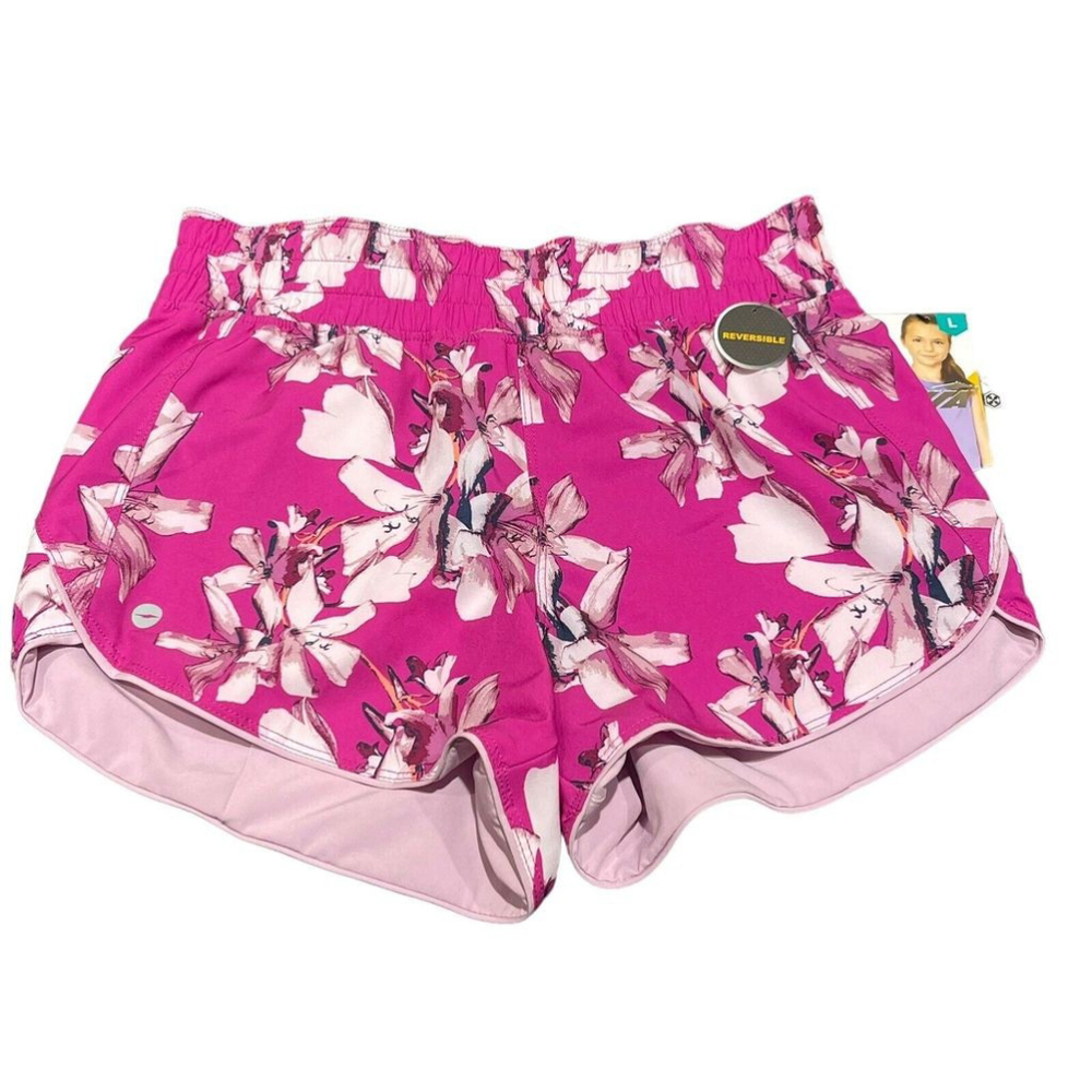 Avia Girls Athletic Active Reversible Floral Purple Magenta Shorts L 10/12 NEW